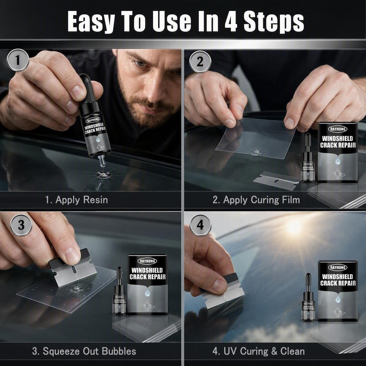 Otthoni autóüveg javító szett UV-keményedő gyantával | GLASS REPAIR KIT