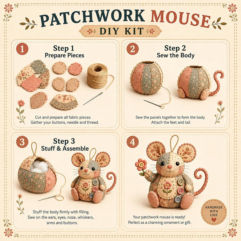 🐭🧵 Patchwork egér DIY varrókészlet – Varrj meg saját kezűleg egy aranyos kis egeret, kezdőként is könnyedén meg tudod csinálni