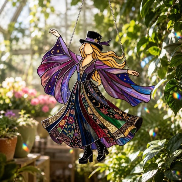 🌈 Kézzel készített boszorkány mintás üveg napfényfogó függődísz | GLASS SUN CATCHER