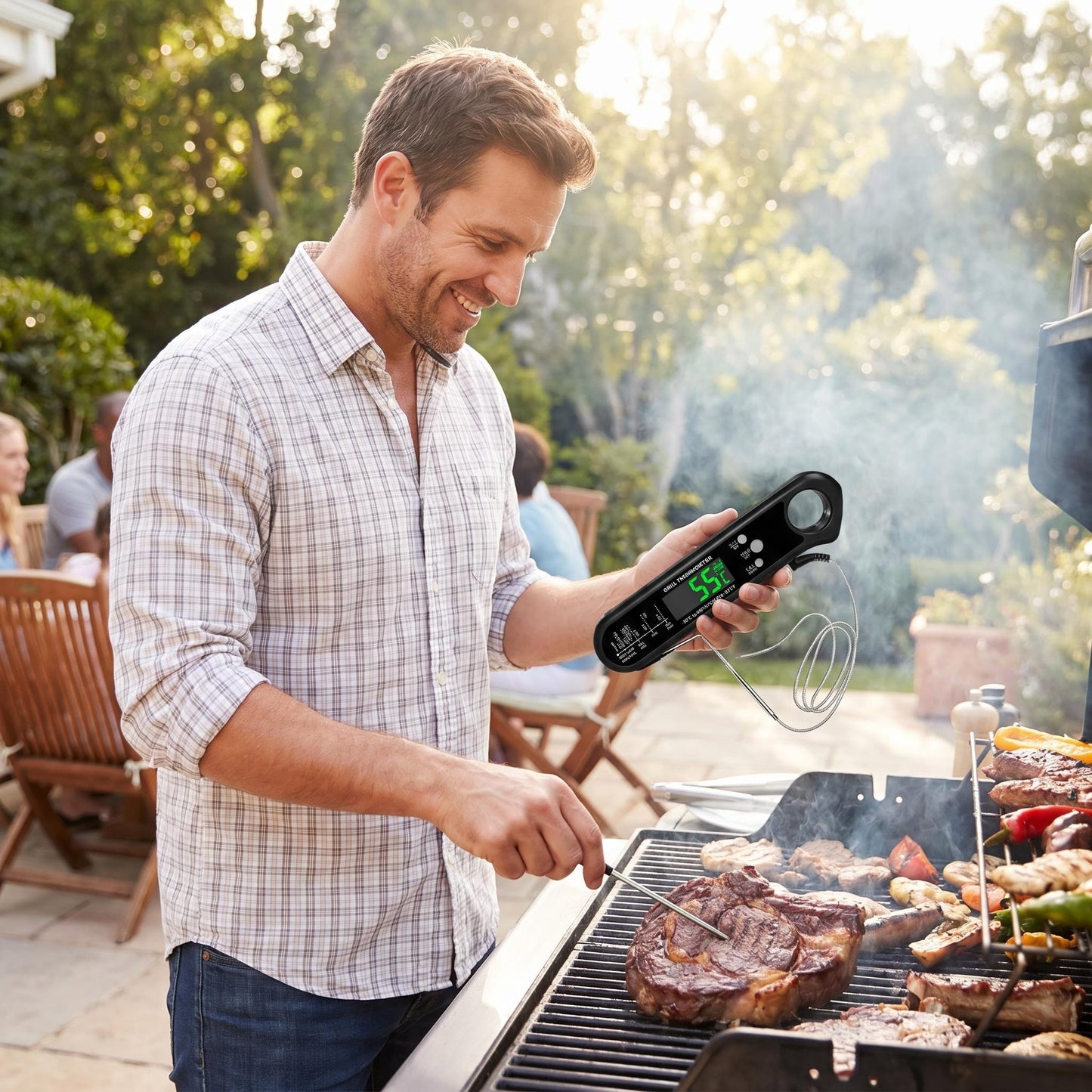 🥩🔥 Kétérzékelős hús hőmérő – egyszerre több húsdarab hőmérsékletének figyelése, 2–3 másodperces azonnali leolvasás, magas hőmérséklet riasztás