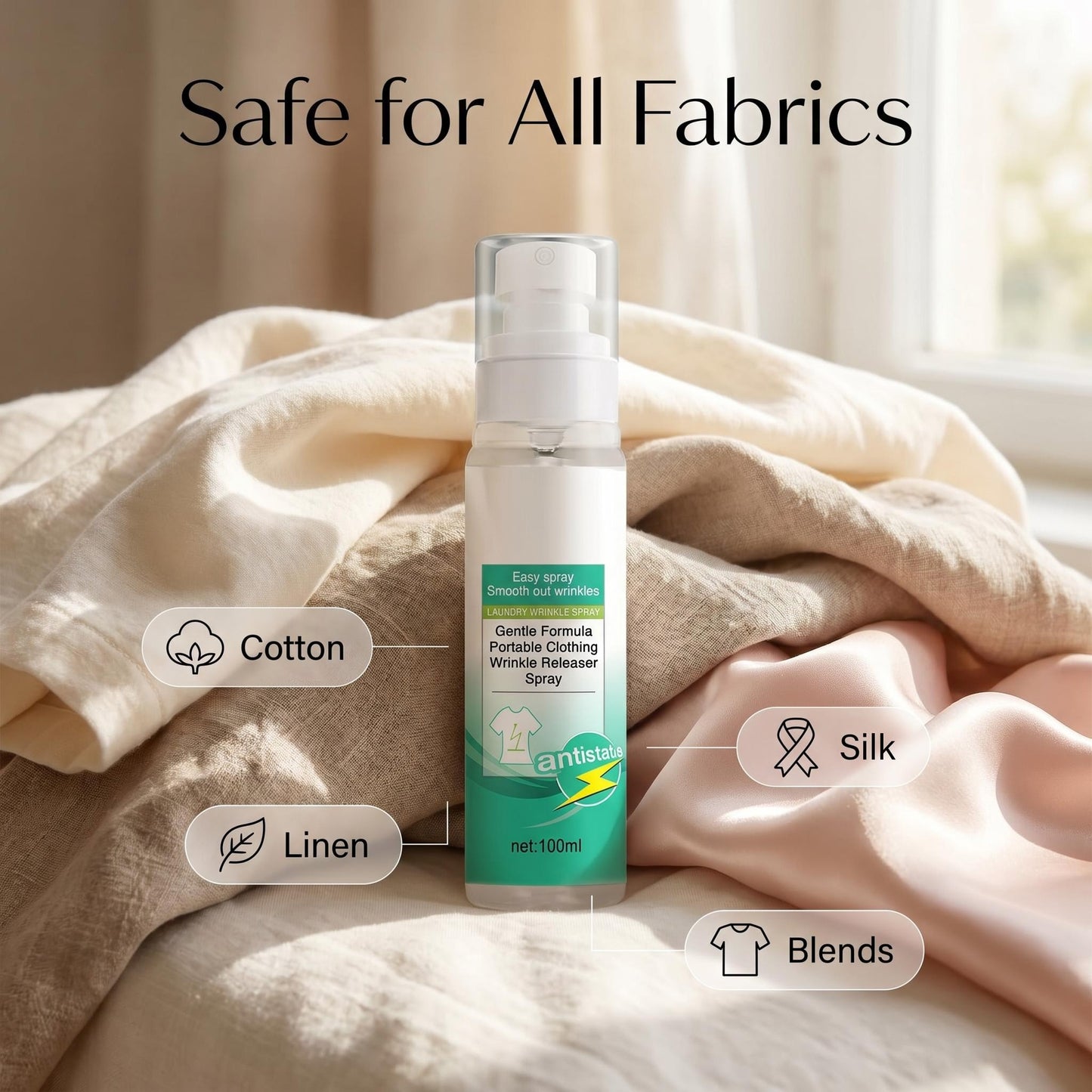 👔✨ Ránctalanító spray – Kíméletes összetételű, vasalás nélkül, egy spricceléssel kisimítja a ráncokat, hordozható kis kiszerelés, utánvéttel