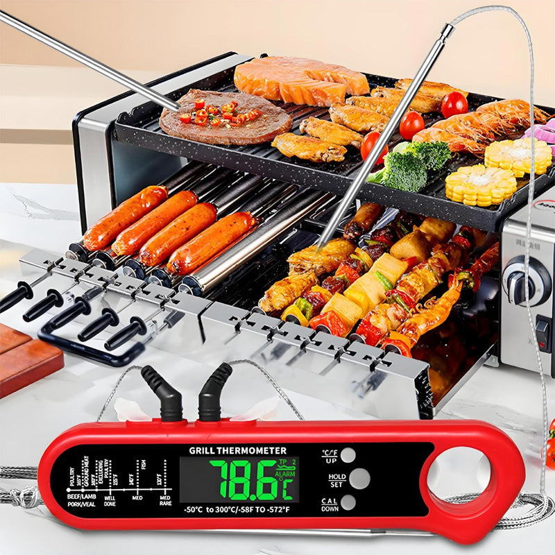 🥩🔥 Kétérzékelős hús hőmérő – egyszerre több húsdarab hőmérsékletének figyelése, 2–3 másodperces azonnali leolvasás, magas hőmérséklet riasztás