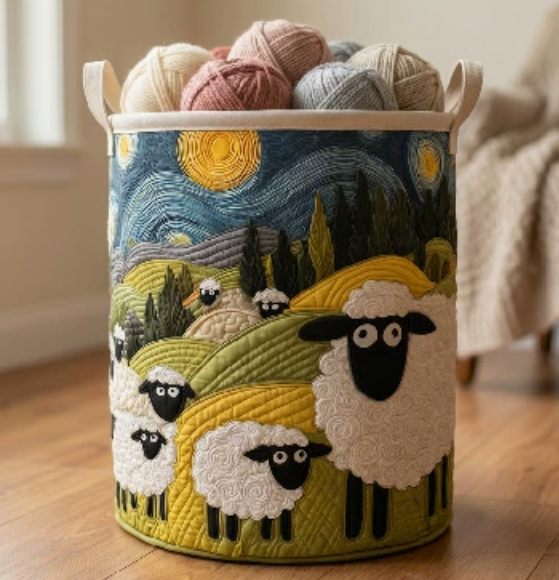 🧺🐑 Kézzel varrt „Bárányparadicsom” szennyeskosár – 100% pamut anyagból, összecsukható és hordozható, utánvéttel