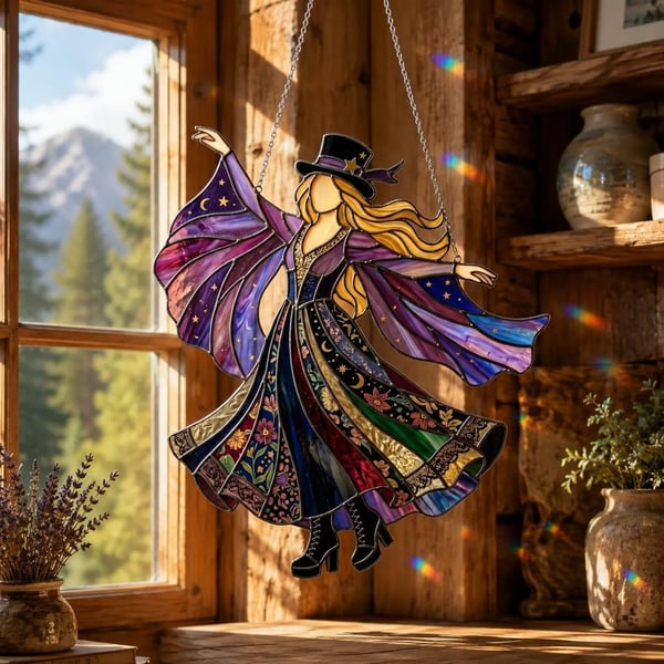 🌈 Kézzel készített boszorkány mintás üveg napfényfogó függődísz | GLASS SUN CATCHER