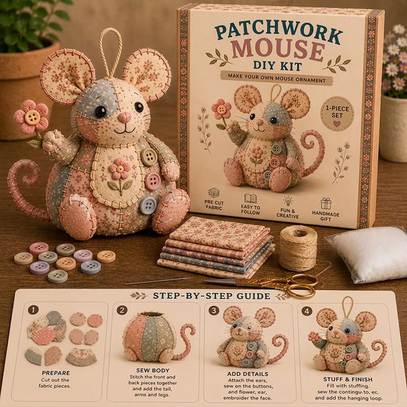 🐭🧵 Patchwork egér DIY varrókészlet – Varrj meg saját kezűleg egy aranyos kis egeret, kezdőként is könnyedén meg tudod csinálni