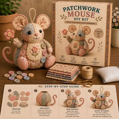 🐭🧵 Patchwork egér DIY varrókészlet – Varrj meg saját kezűleg egy aranyos kis egeret, kezdőként is könnyedén meg tudod csinálni