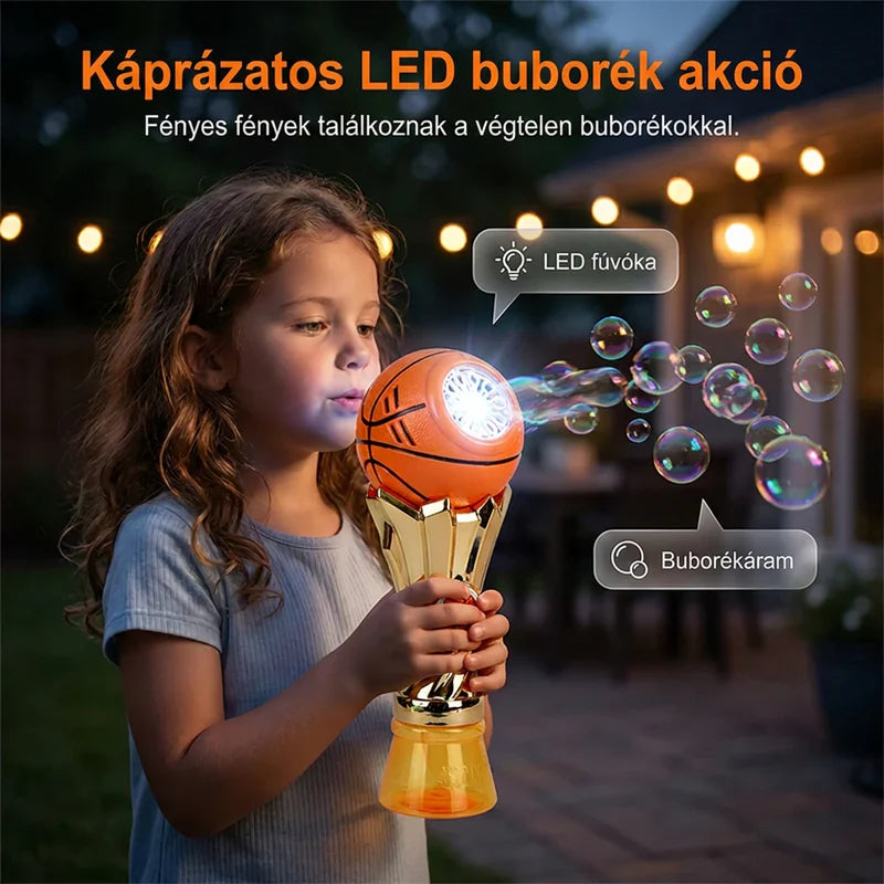 🎵 Labdarúgó- és kosárlabda-motívumú szappanbuborék-fúvó – villogó LED-ekkel, folyadékkal együtt – utánvéttel 🎯