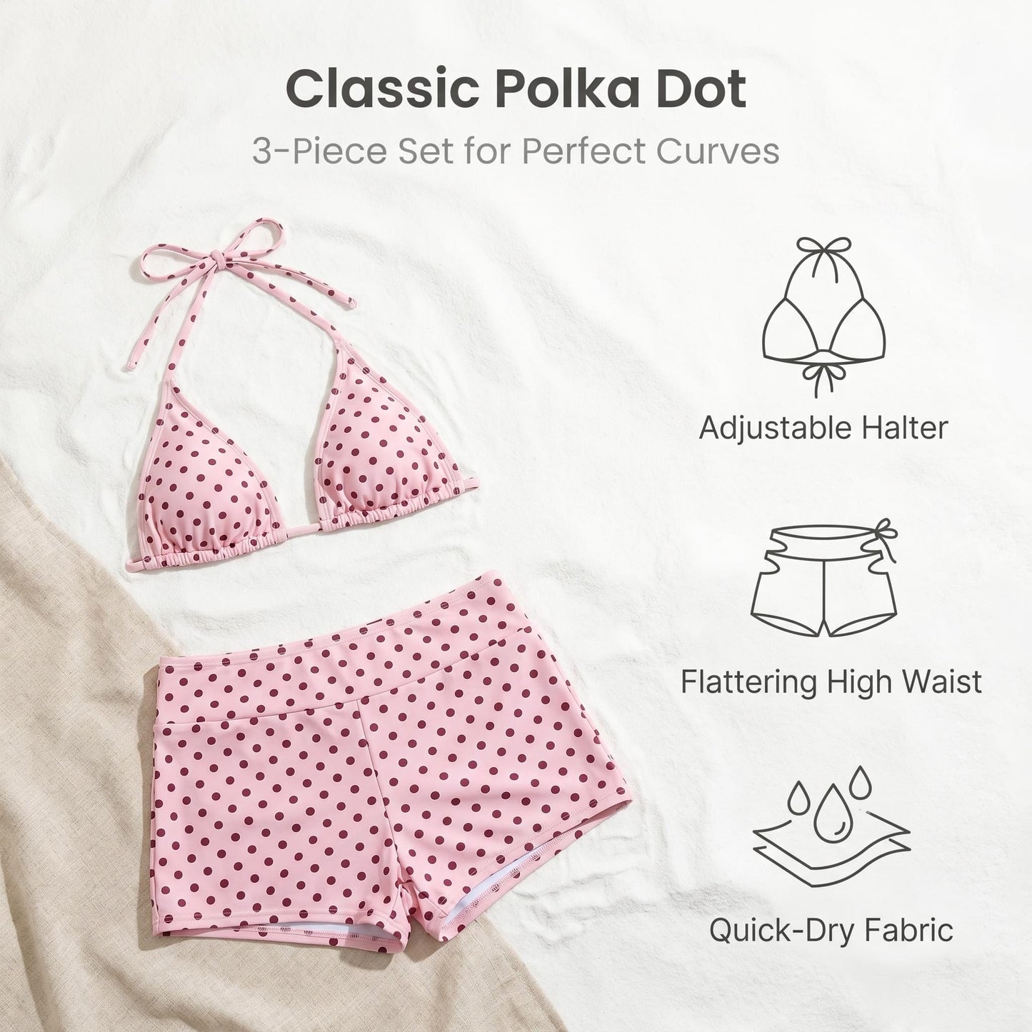 👙 Pöttyös, mély nyakkivágású, háromszög alakú bikini alsó – háromdarabos szett