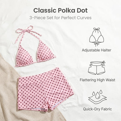 👙 Pöttyös, mély nyakkivágású, háromszög alakú bikini alsó – háromdarabos szett