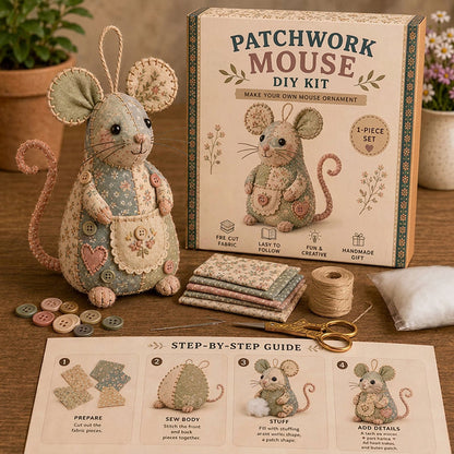 🐭🧵 Patchwork egér DIY varrókészlet – Varrj meg saját kezűleg egy aranyos kis egeret, kezdőként is könnyedén meg tudod csinálni