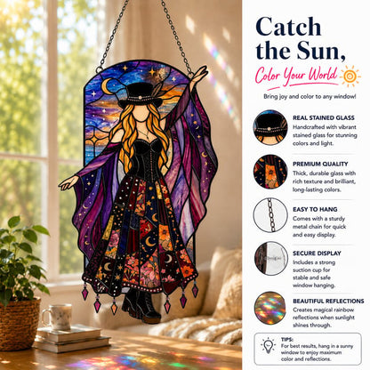 🌈 Kézzel készített boszorkány mintás üveg napfényfogó függődísz | GLASS SUN CATCHER