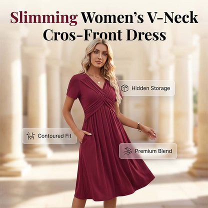 👗✨ Női V-nyakú, keresztbe keresztezett, redős ruha – a V-nyak karcsúsít, a keresztbe keresztezett kivágás eltakarja a hasat, a redők pedig kiemelik a derekát | Elegáns választás munkába járáshoz és randevúkhoz