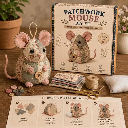 🐭🧵 Patchwork egér DIY varrókészlet – Varrj meg saját kezűleg egy aranyos kis egeret, kezdőként is könnyedén meg tudod csinálni