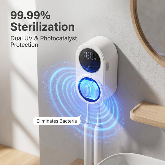 🦷✨ Mini otthoni intelligens, kétfogásos UV-fertőtlenítő fogkefetartó – teljesen automatikus, falra szerelhető, 99,2%-os hatékonyságú UV-C fertőtlenítés, szárítás a penészesedés megelőzésére, fúrás nélküli felszerelés, utánvéttel