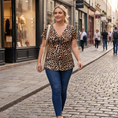 🐆Női, V-nyakú, elöl csavart, leopárdmintás felső👚