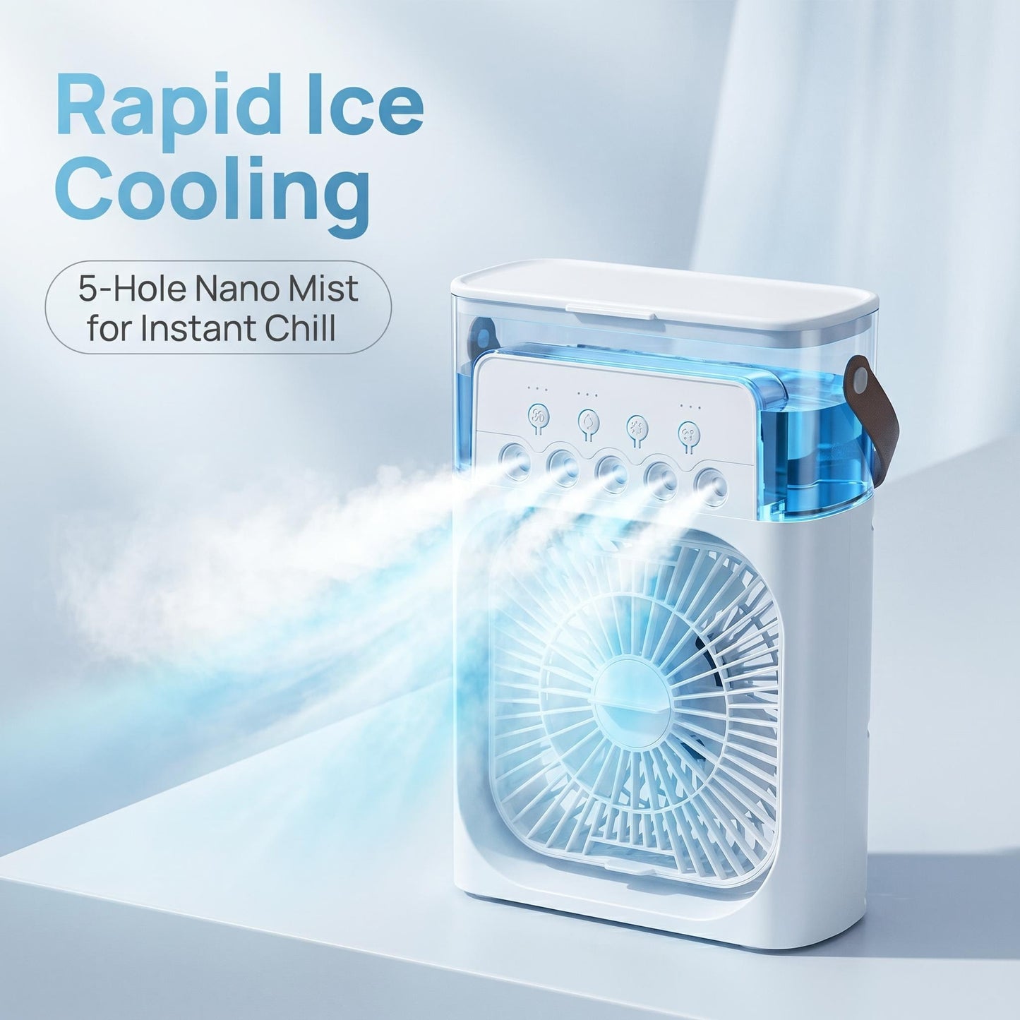 📢📢 Időkorlátozott akció❄️ Hűtőfunkciós, ötlyukú párásító ventilátor – Erős szél, három fokozatban állítható, ideális hűtőeszköz az irodai vagy kollégiumi asztalra, utánvéttel