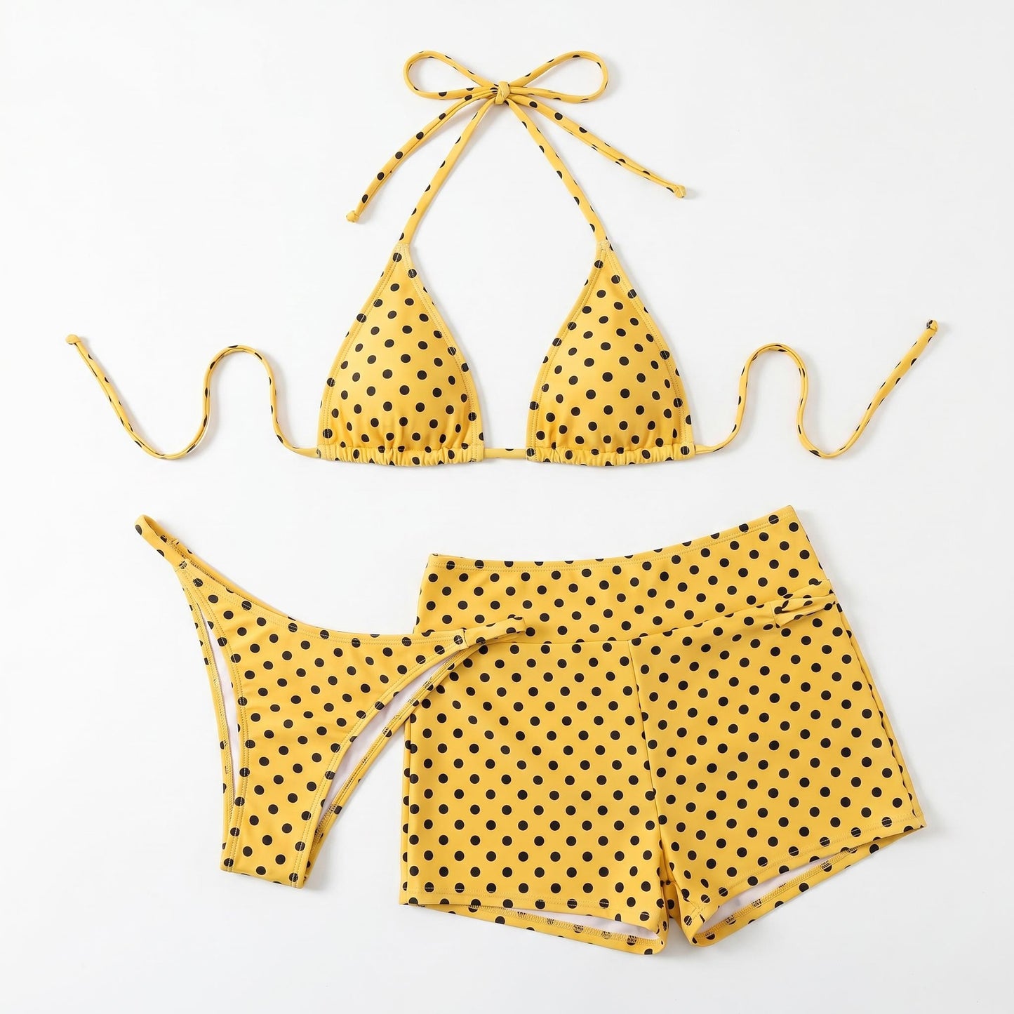 👙 Pöttyös, mély nyakkivágású, háromszög alakú bikini alsó – háromdarabos szett