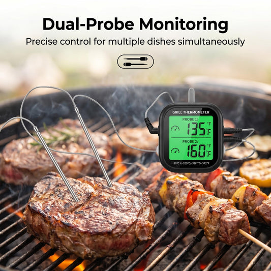🥩🔥 Kétérzékelős hús hőmérő – egyszerre több húsdarab hőmérsékletének figyelése, 2–3 másodperces azonnali leolvasás, magas hőmérséklet riasztás