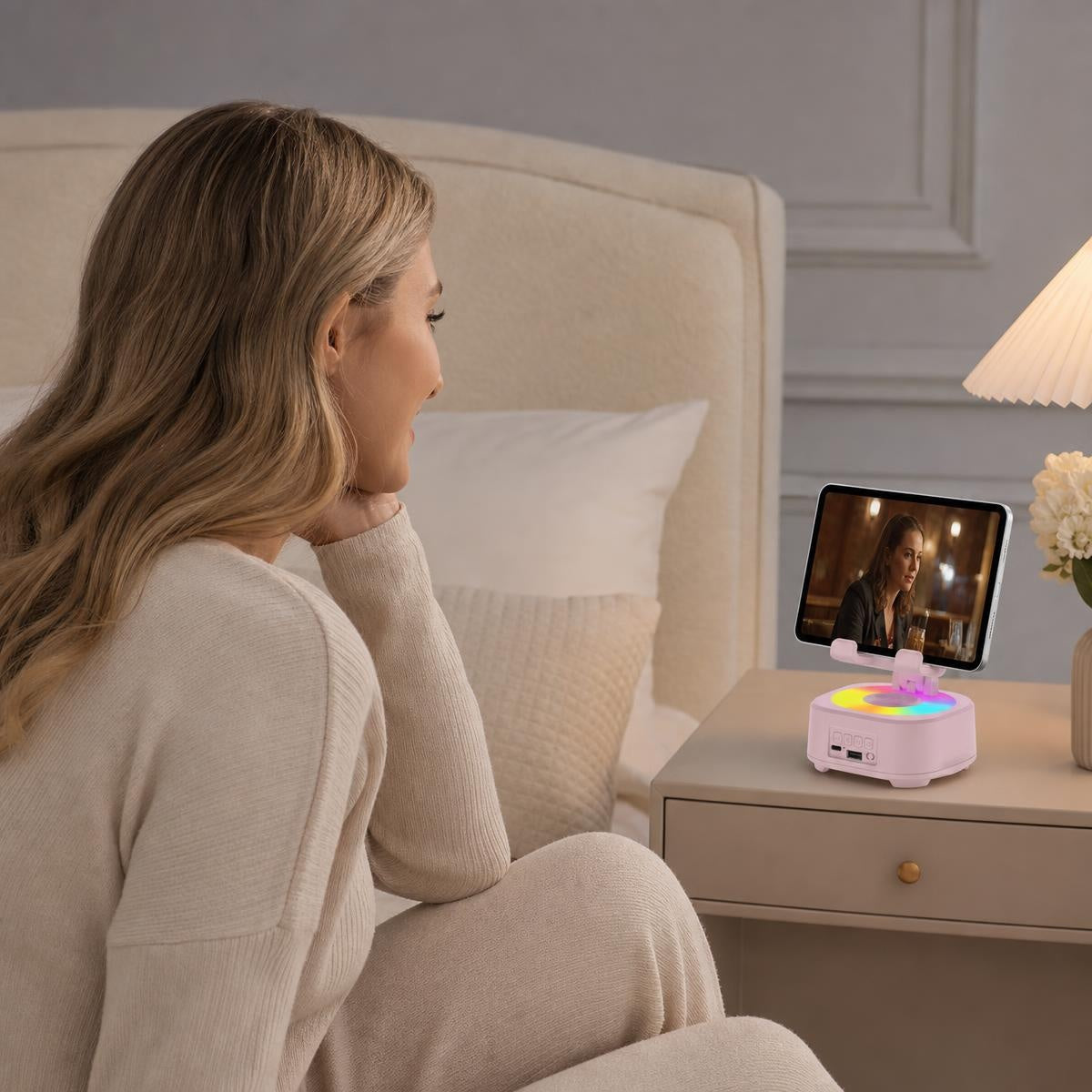📱 4 az 1-ben forgatható asztali tartó Bluetooth hangszóróval és RGB fénnyel | DESK STAND SPEAKER