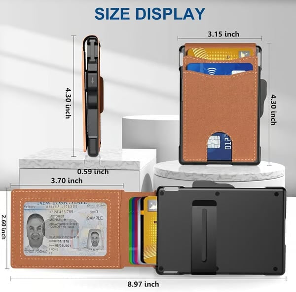 🔥 Férfi pénztárca – kinyitható alumínium burkolattal, bankjegytartóval, ultravékony bőr kártyatartóval, hitelkártyatartóval, RFID-védelemmel ellátott, kétrétes, minimalista pénztárca