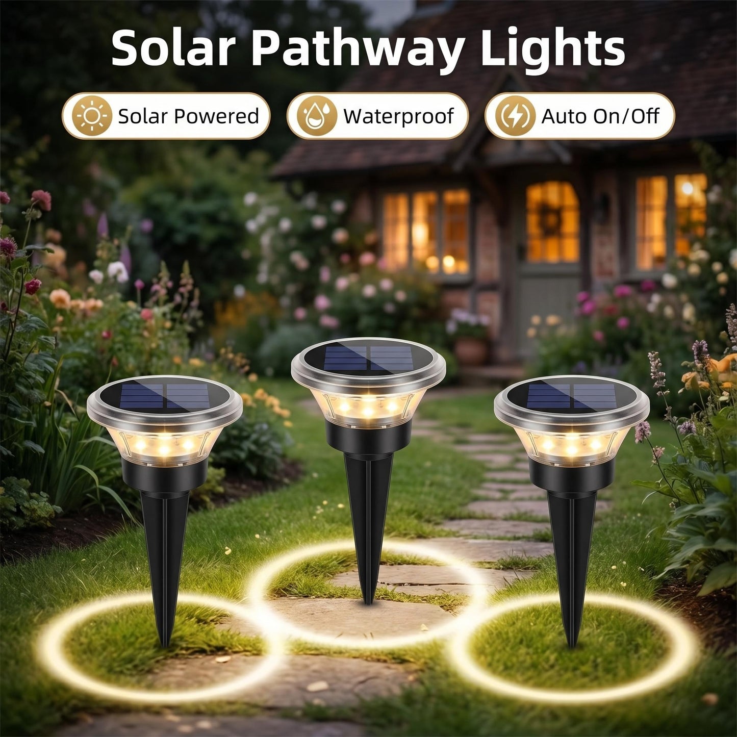 💡🌿 Napenergiával működő kerti ösvénylámpa – automatikus be- és kikapcsolás, vízálló, kiválóan alkalmas ösvényekhez, kocsibeállókhoz és teraszokhoz ✨
