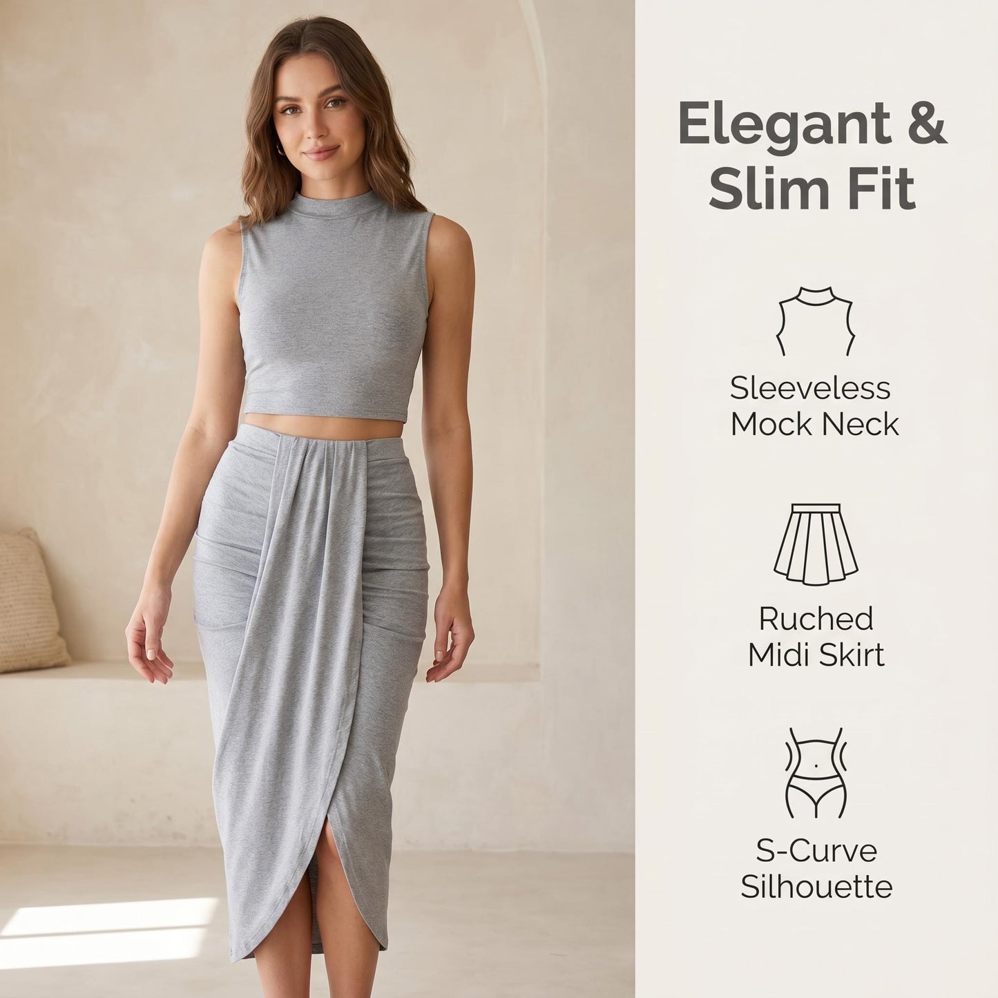 👗 Ujjatlan, magas nyakú, redős, karcsúsító kétrészes szett – a redőzött kivitelnek köszönhetően formás és elegáns, mind a munkába járáshoz, mind randevúhoz ideális