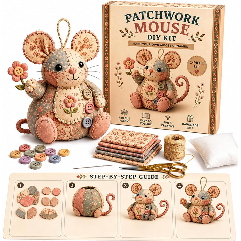 🐭🧵 Patchwork egér DIY varrókészlet – Varrj meg saját kezűleg egy aranyos kis egeret, kezdőként is könnyedén meg tudod csinálni
