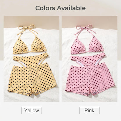 👙 Pöttyös, mély nyakkivágású, háromszög alakú bikini alsó – háromdarabos szett