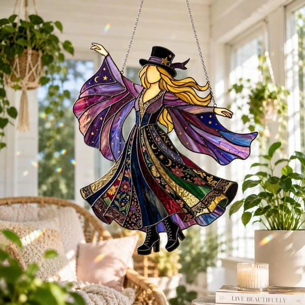 🌈 Kézzel készített boszorkány mintás üveg napfényfogó függődísz | GLASS SUN CATCHER