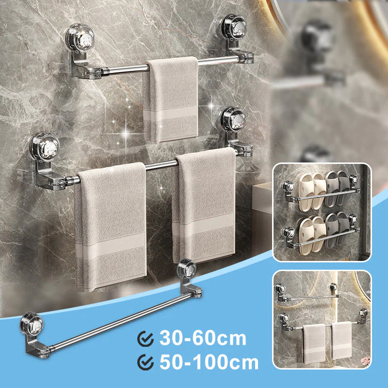 🚿🔩 Állítható törülközőtartó tapadókoronggal – Fúrás nélkül · Erős tapadás · Hosszúság állítható | Fürdőszoba/konyha/bérlőknek elengedhetetlen