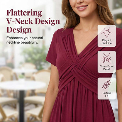 👗✨ Női V-nyakú, keresztbe keresztezett, redős ruha – a V-nyak karcsúsít, a keresztbe keresztezett kivágás eltakarja a hasat, a redők pedig kiemelik a derekát | Elegáns választás munkába járáshoz és randevúkhoz
