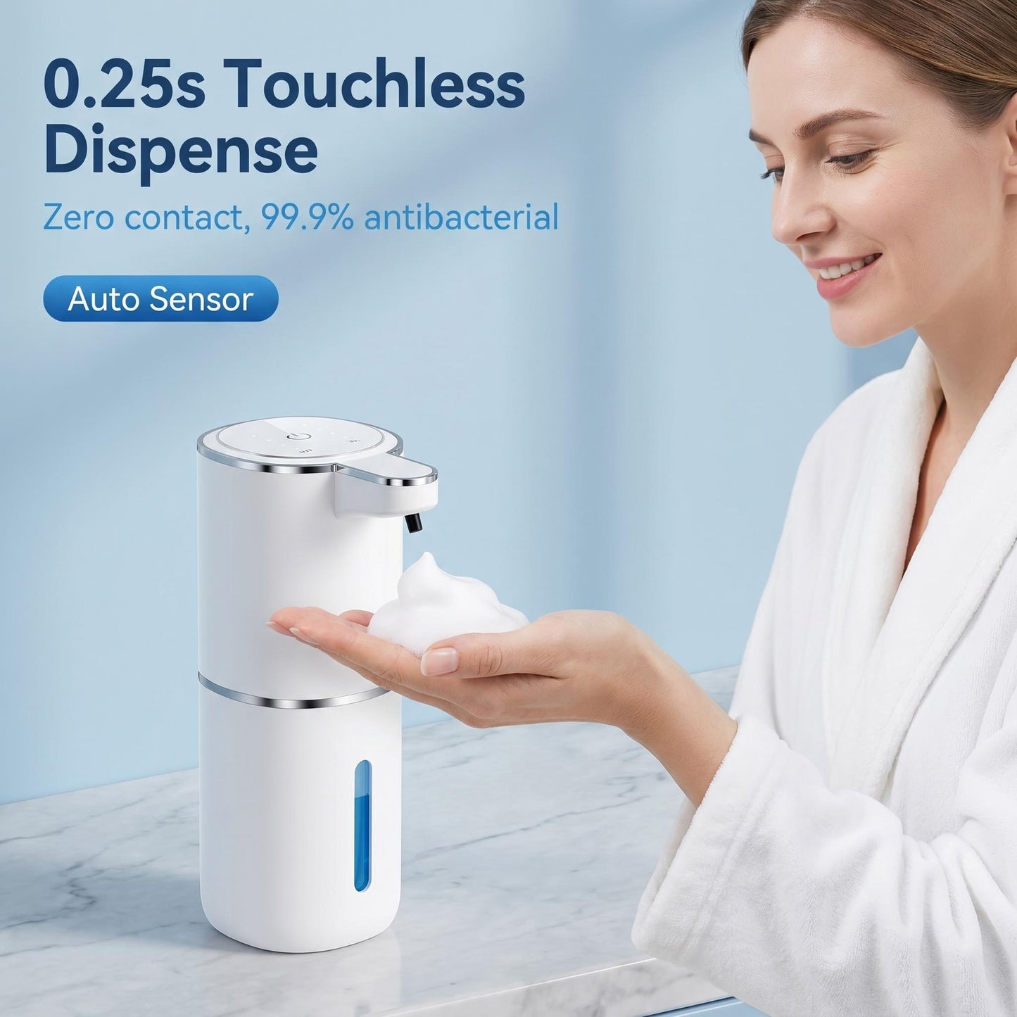 🧼✨ Intelligens, 4 fokozatú habos kézmosó adagoló – infravörös érzékelő · automatikus habadagolás · érintésmentes, így higiénikusabb · IPX5 vízálló