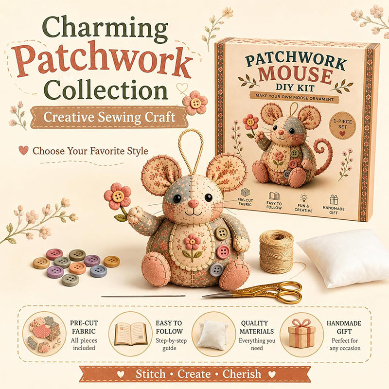 🐭🧵 Patchwork egér DIY varrókészlet – Varrj meg saját kezűleg egy aranyos kis egeret, kezdőként is könnyedén meg tudod csinálni