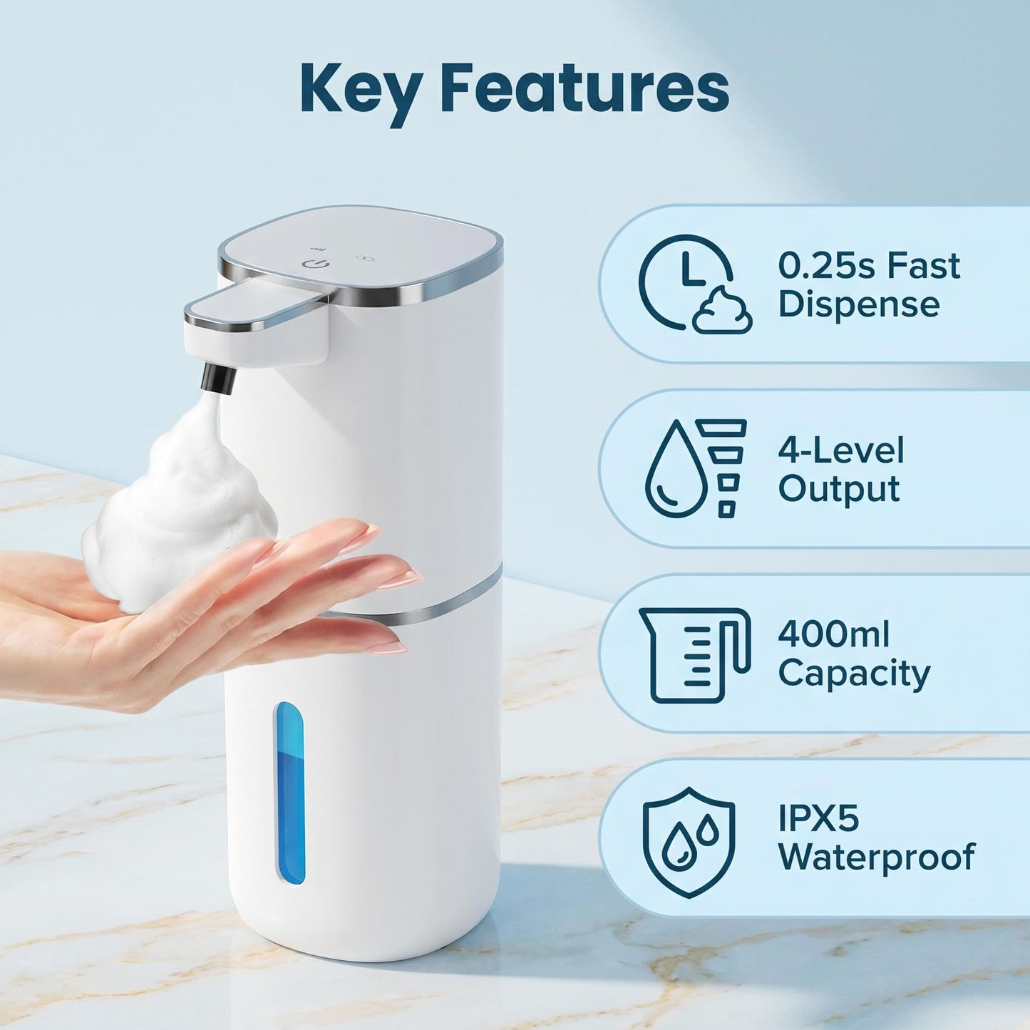 🧼✨ Intelligens, 4 fokozatú habos kézmosó adagoló – infravörös érzékelő · automatikus habadagolás · érintésmentes, így higiénikusabb · IPX5 vízálló