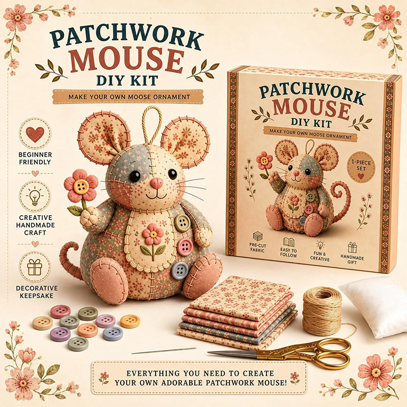 🐭🧵 Patchwork egér DIY varrókészlet – Varrj meg saját kezűleg egy aranyos kis egeret, kezdőként is könnyedén meg tudod csinálni