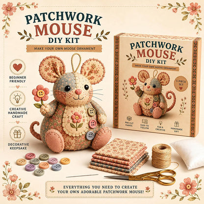 🐭🧵 Patchwork egér DIY varrókészlet – Varrj meg saját kezűleg egy aranyos kis egeret, kezdőként is könnyedén meg tudod csinálni