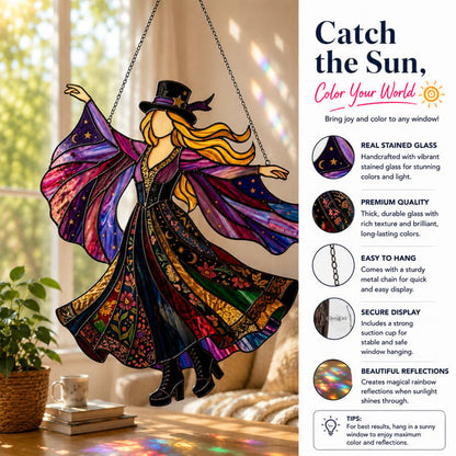 🌈 Kézzel készített boszorkány mintás üveg napfényfogó függődísz | GLASS SUN CATCHER