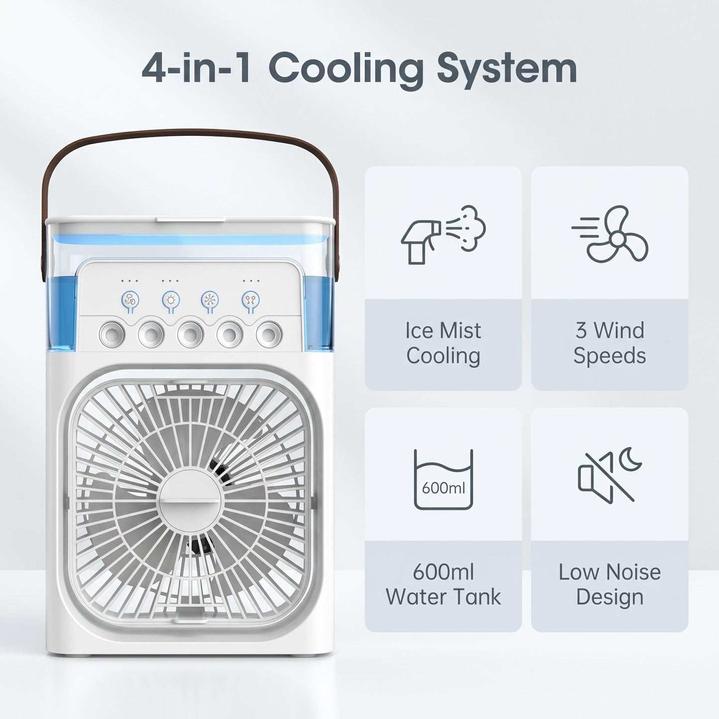 📢📢 Időkorlátozott akció❄️ Hűtőfunkciós, ötlyukú párásító ventilátor – Erős szél, három fokozatban állítható, ideális hűtőeszköz az irodai vagy kollégiumi asztalra, utánvéttel