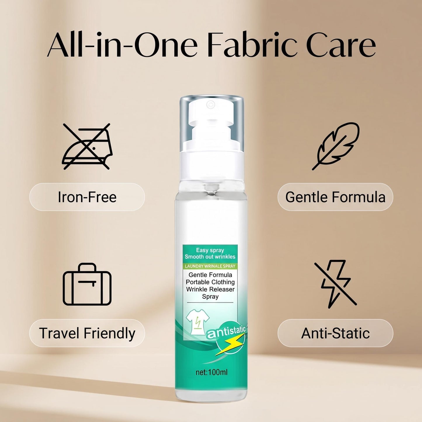 👔✨ Ránctalanító spray – Kíméletes összetételű, vasalás nélkül, egy spricceléssel kisimítja a ráncokat, hordozható kis kiszerelés, utánvéttel