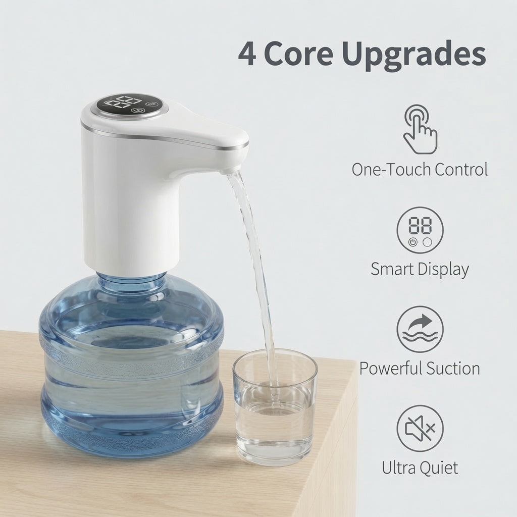🚰 Otthoni palackos vízhez való automatikus vízszivattyú – USB-ről tölthető, hordozható vízszivattyú; egy gombnyomással adagolható, azonnal használatra kész; hordós vízhez és ásványvízhez egyaránt használható