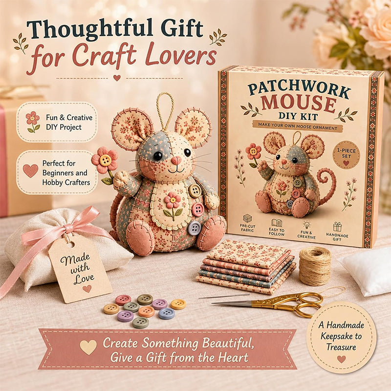 🐭🧵 Patchwork egér DIY varrókészlet – Varrj meg saját kezűleg egy aranyos kis egeret, kezdőként is könnyedén meg tudod csinálni