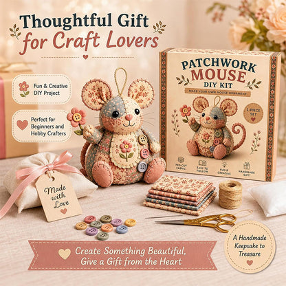 🐭🧵 Patchwork egér DIY varrókészlet – Varrj meg saját kezűleg egy aranyos kis egeret, kezdőként is könnyedén meg tudod csinálni