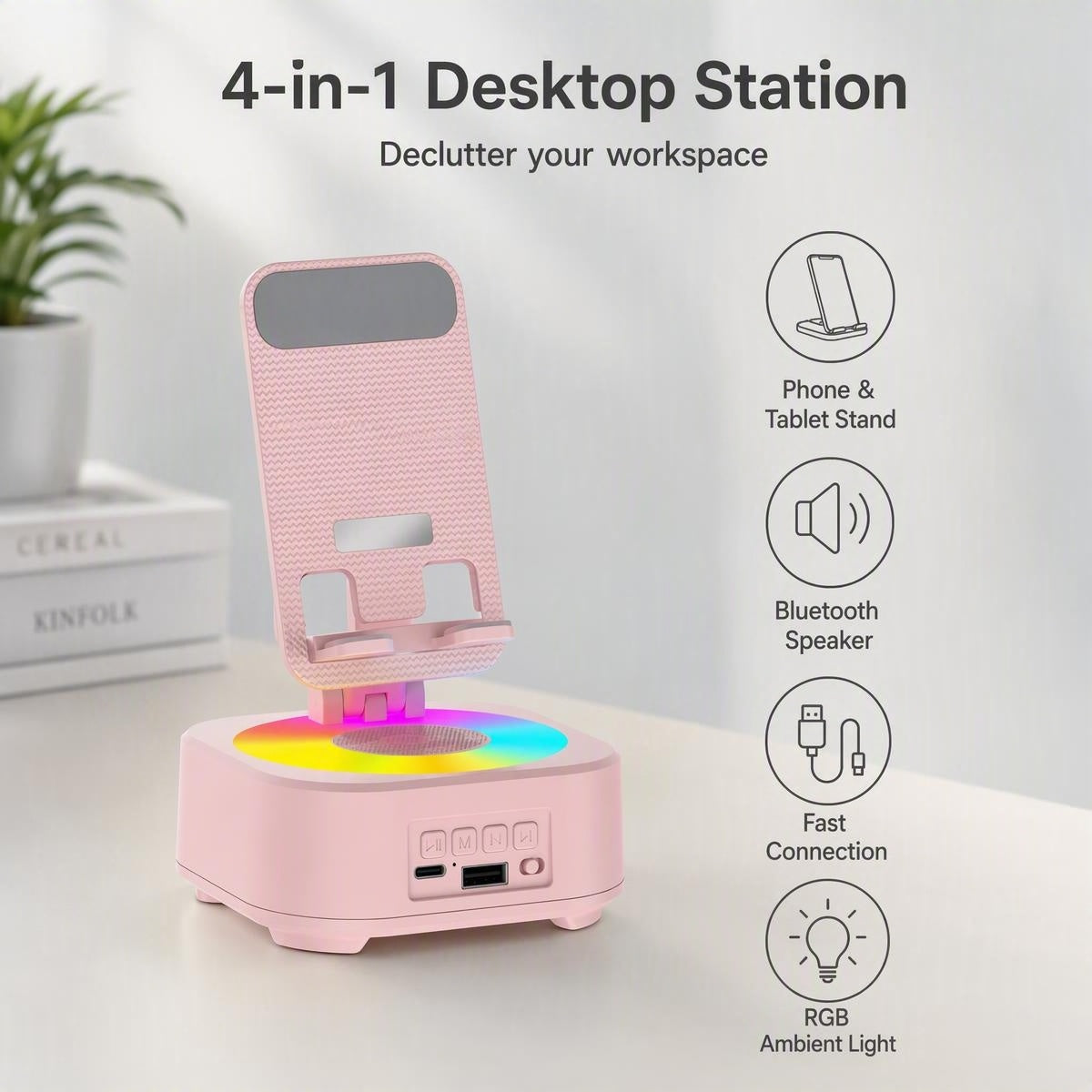 📱 4 az 1-ben forgatható asztali tartó Bluetooth hangszóróval és RGB fénnyel | DESK STAND SPEAKER