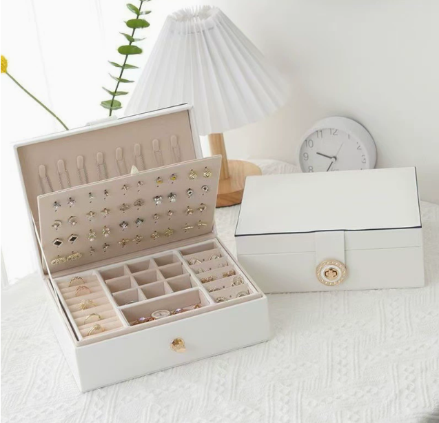 💍📦 Nagy űrtartalmú ékszerdoboz fülbevalókhoz és fülcsapokhoz – egyszerű, európai stílusú, kétszintes ékszeres doboz
