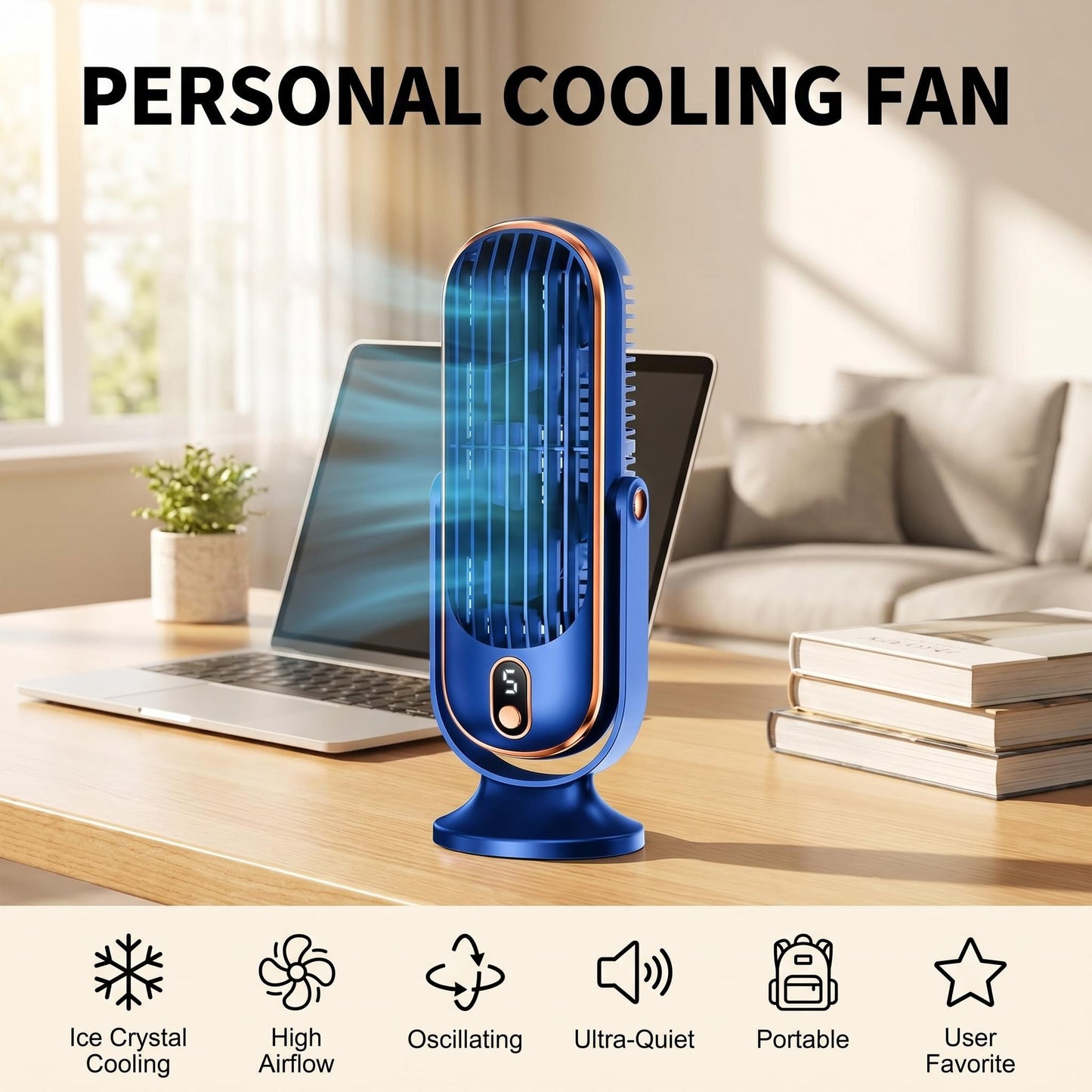❄️ Hordozható asztali légkondicionáló ventilátor – Csendes, oldalra forgó hűtőventilátor, 5 sebességfokozattal ☀️