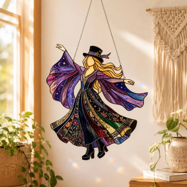 🌈 Kézzel készített boszorkány mintás üveg napfényfogó függődísz | GLASS SUN CATCHER