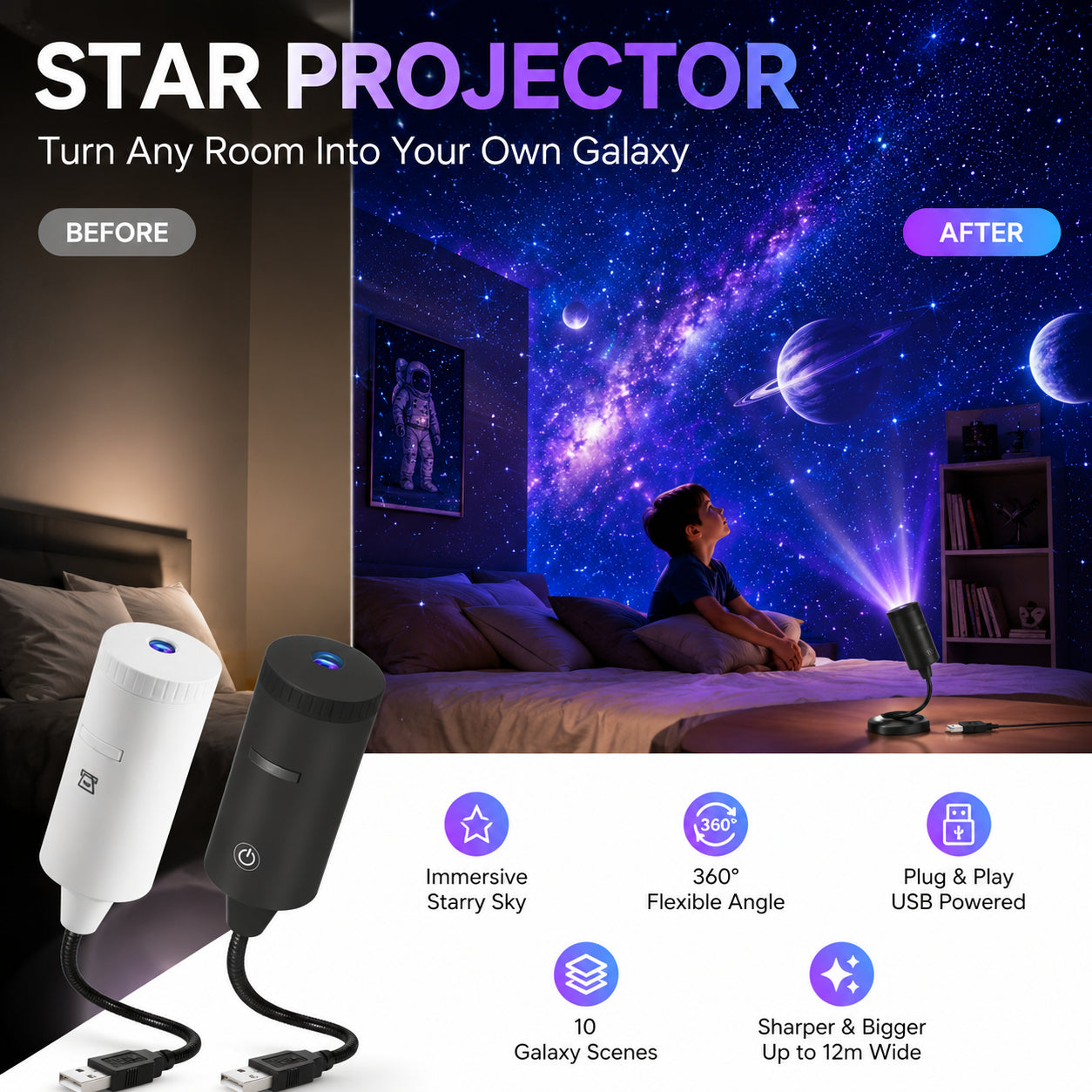 ✨ Plug-and-Play HD csillagvetítő 🥳 Több mint 50 000 elégedett felhasználó ⭐