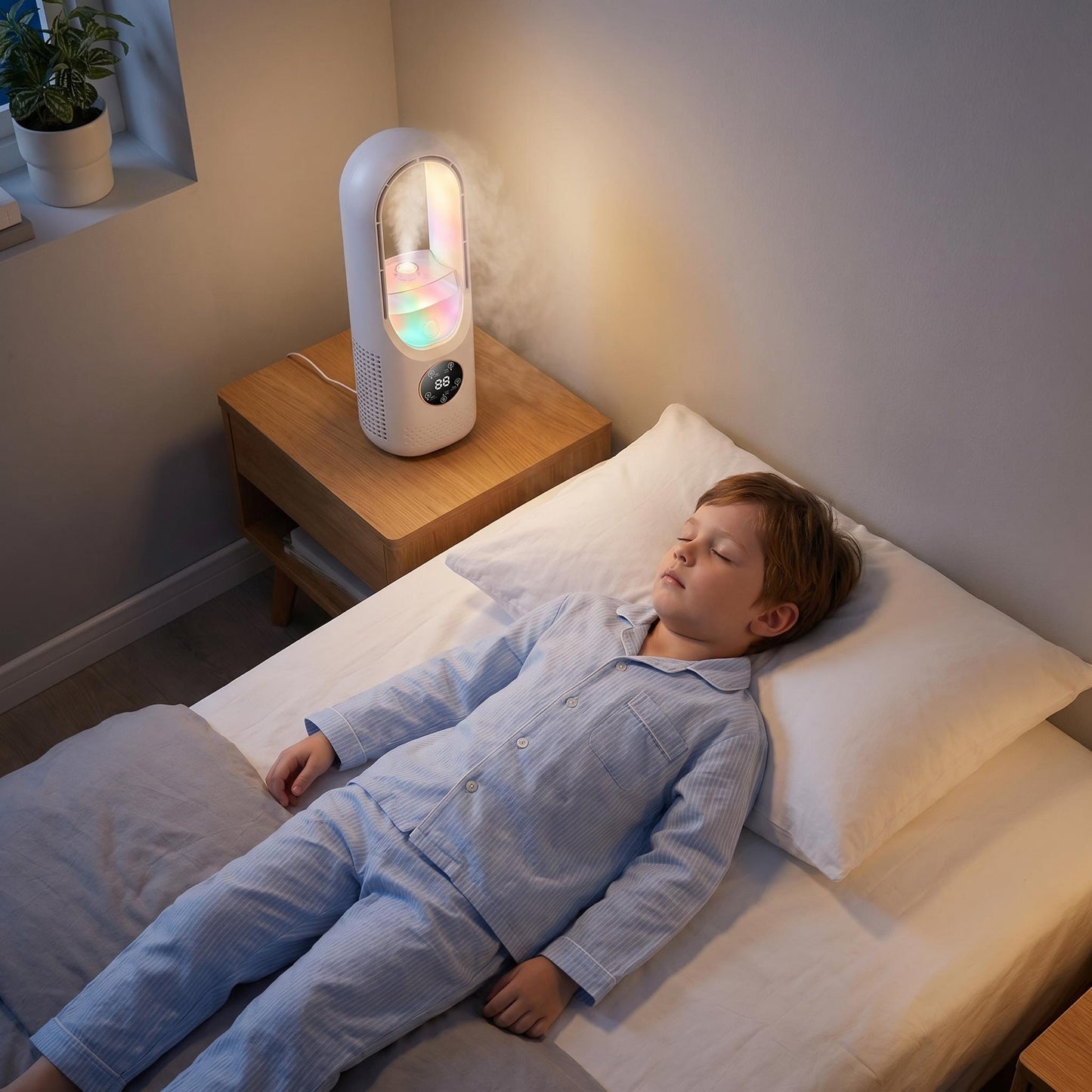 🌬️❄️ Hordozható, torony alakú jégköd-ventilátor – mikrométeres jégköddel történő hűtés