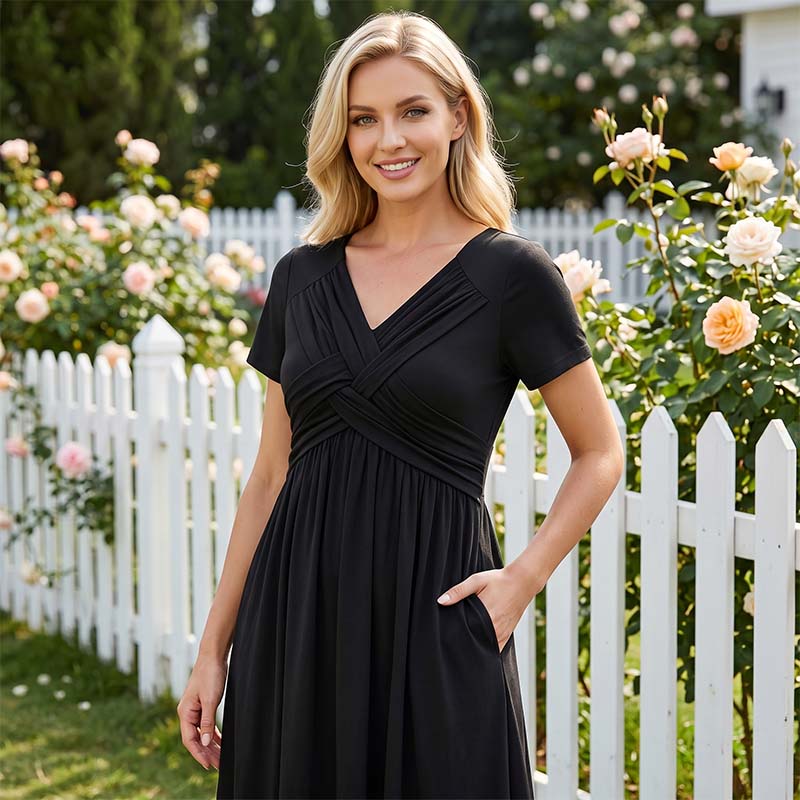 👗✨ Női V-nyakú, keresztbe keresztezett, redős ruha – a V-nyak karcsúsít, a keresztbe keresztezett kivágás eltakarja a hasat, a redők pedig kiemelik a derekát | Elegáns választás munkába járáshoz és randevúkhoz