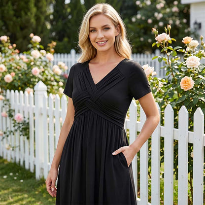 👗✨ Női V-nyakú, keresztbe keresztezett, redős ruha – a V-nyak karcsúsít, a keresztbe keresztezett kivágás eltakarja a hasat, a redők pedig kiemelik a derekát | Elegáns választás munkába járáshoz és randevúkhoz